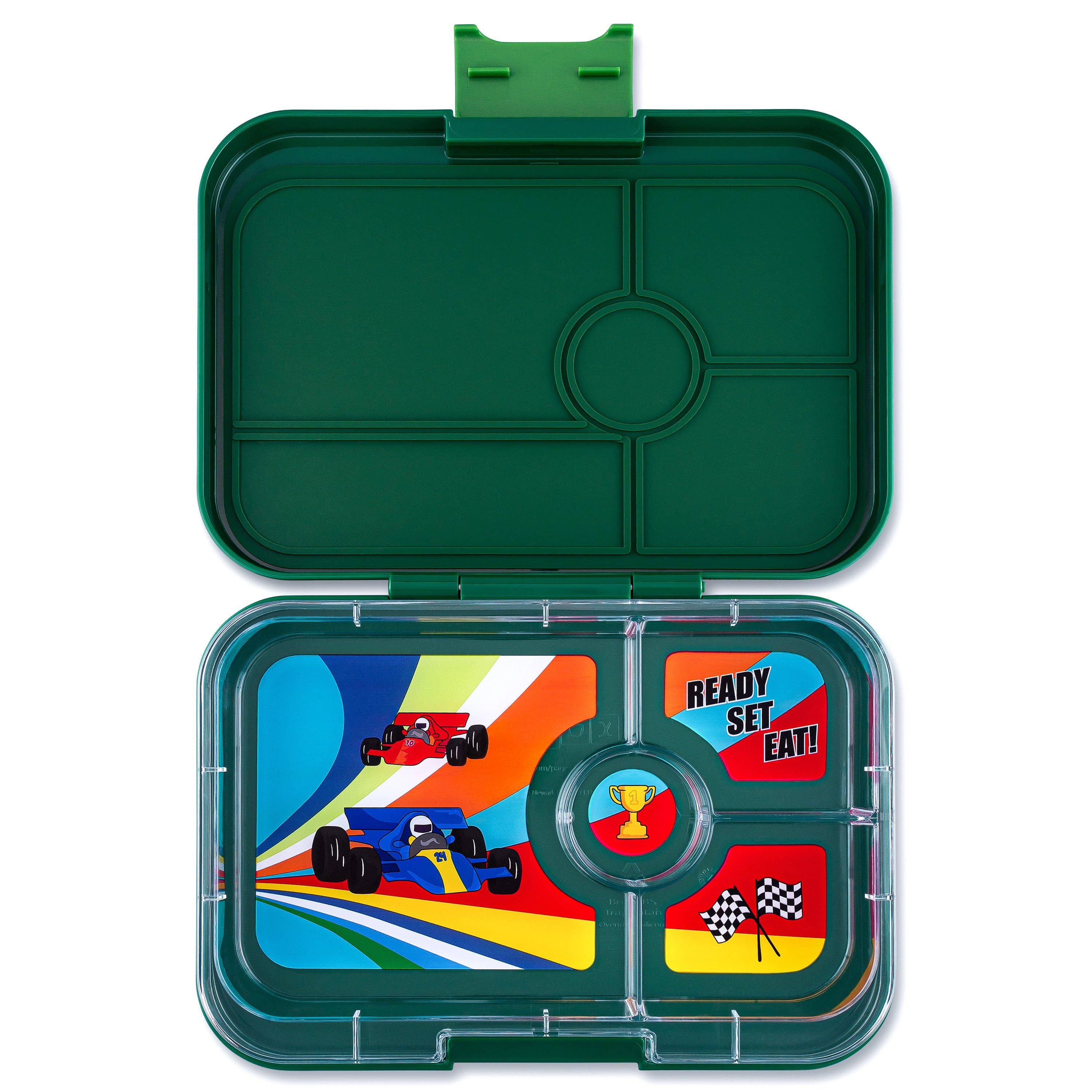 Auslaufsichere Yumbox Tapas Greenwich Green - 4-Fächer- mit Rennwagen - grosse Grösse