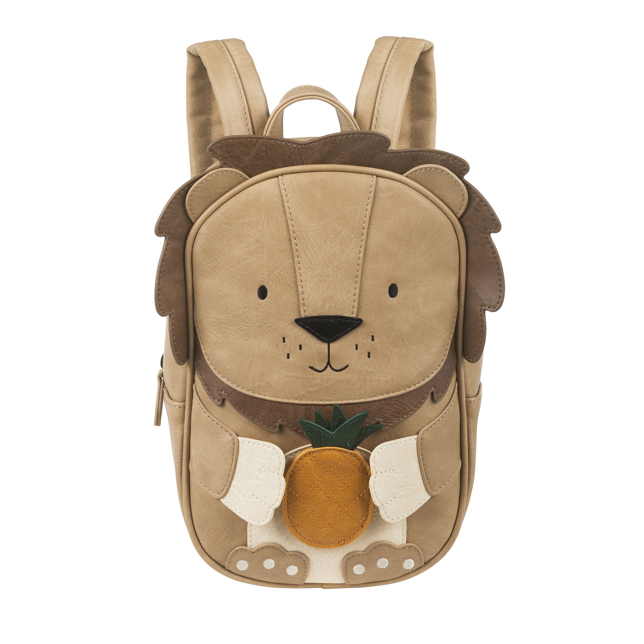 Ein kleiner Little Who - Rucksack Löwe Kaius von Little Who in Braun-, Beige- und Hellbrauntönen. Der Little Who - Rucksack Löwe Kaius hat ein süßes Löwengesicht mit kleiner Nase und Augen und hält eine leuchtend gelb-orange Ananas. Er hat verstellbare Riemen, zusätzliche Details wie Pfoten und eine Mähne und enthält reflektierende Aufkleber für zusätzliche Sicherheit.