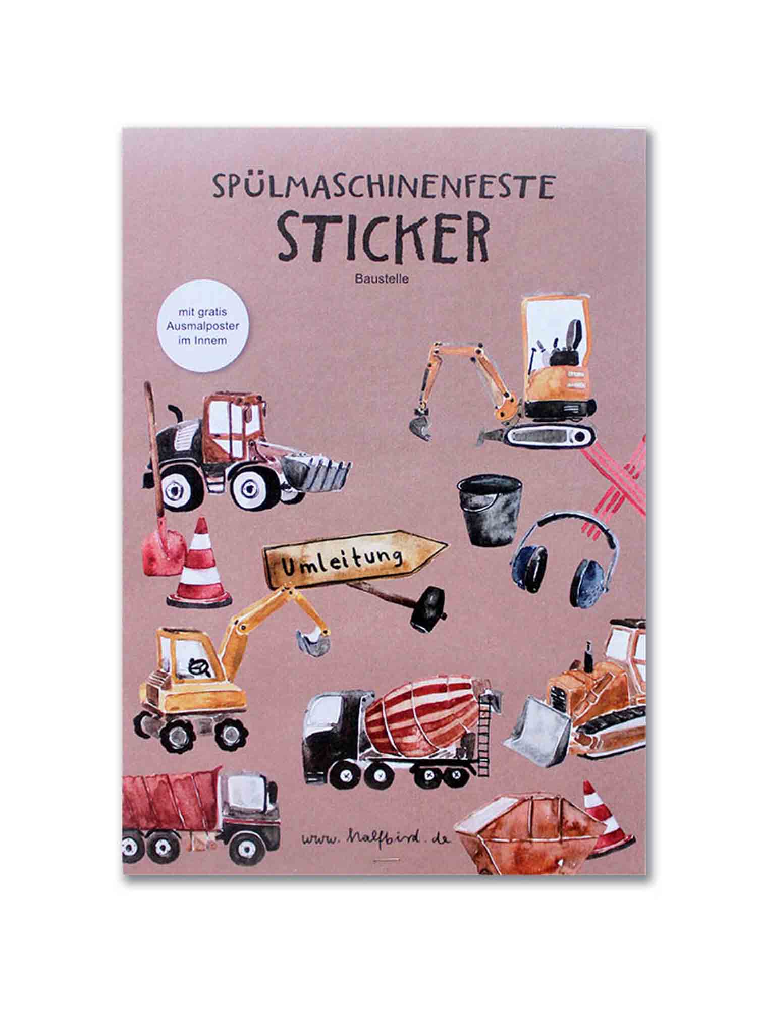 Ein Stickerbogen für Kinder mit Abbildungen verschiedener Baufahrzeuge und -geräte, darunter ein Bagger, ein Muldenkipper, ein Betonmischer, Verkehrsleitkegel und ein Schild mit der Aufschrift „Umleitung“. Diese Halfbird - Spülmaschinenfeste Aufkleber: Baustelle von Halfbird sind spülmaschinenfest und in Ihrem örtlichen Kinderartikelgeschäft erhältlich.