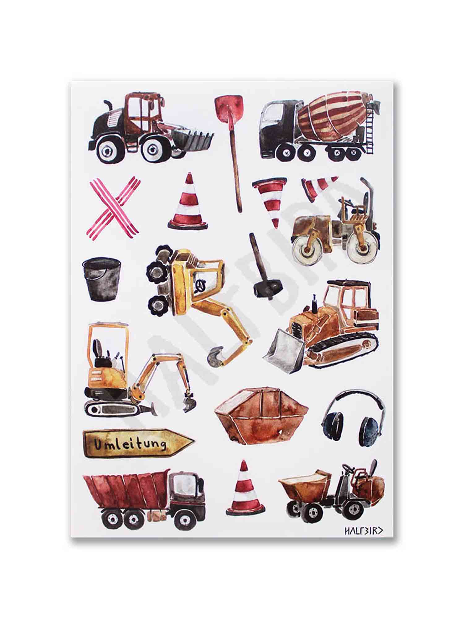 Eine farbenfrohe Illustration verschiedener Baumaschinen und Schilder, perfekt für ein Kinderartikelgeschäft. Dazu gehören Bagger, Muldenkipper, ein Betonmischer, Leitkegel, eine Schaufel, ein „Umleitung“-Schild, Kopfhörer und ein rotes X-Schild – alles angeordnet auf einem weißen Hintergrund mit Halfbird – Spülmaschinenfeste Aufkleber: Baustelle von Halfbird.